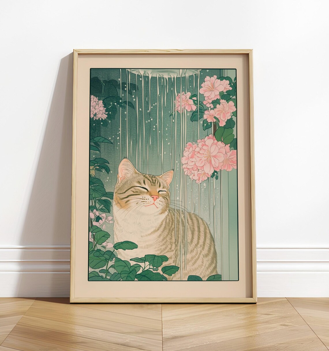 Tabby Cat Shower Ukiyoe Botanical Art Print