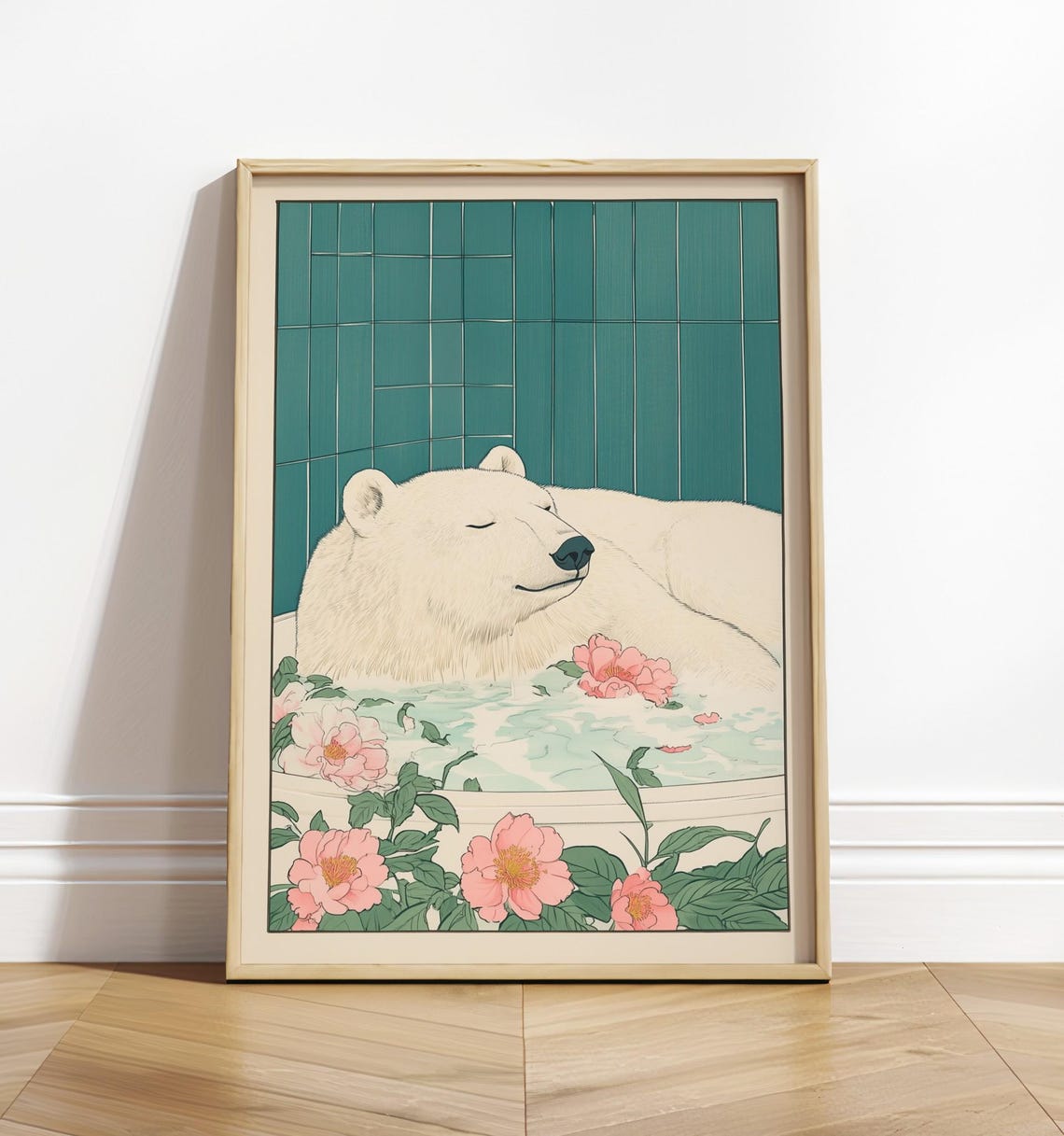 Polar Bear Relaxing In Bubble Bath Japanese Floral Art Poster