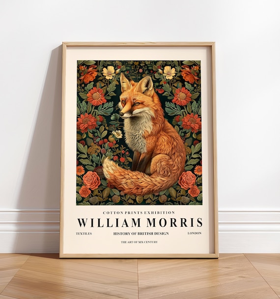 William Morris Style Red Fox Floral Dark Botanical Exhibition Wall Art