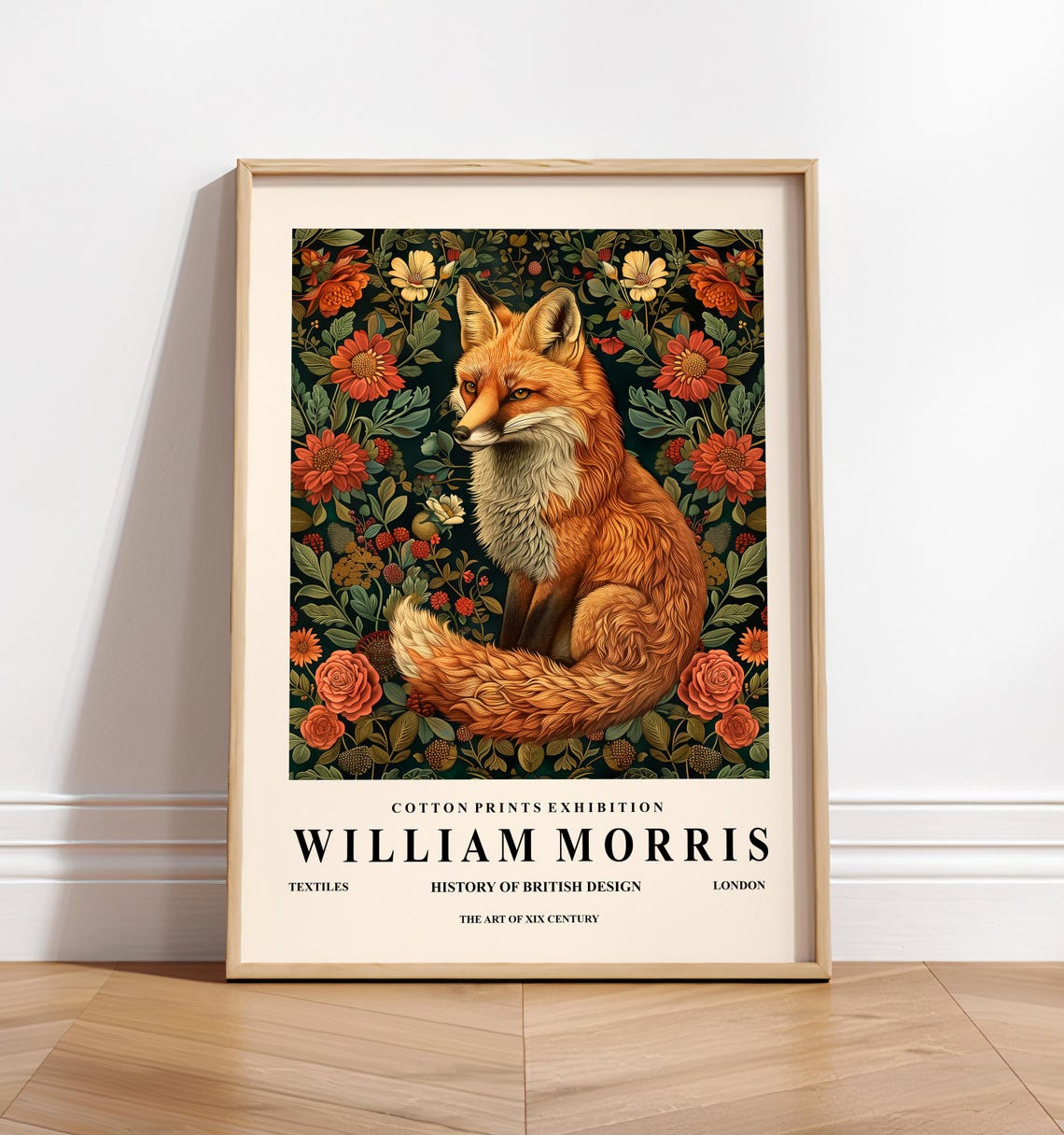 William Morris Style Red Fox Floral Dark Botanical Exhibition Wall Art