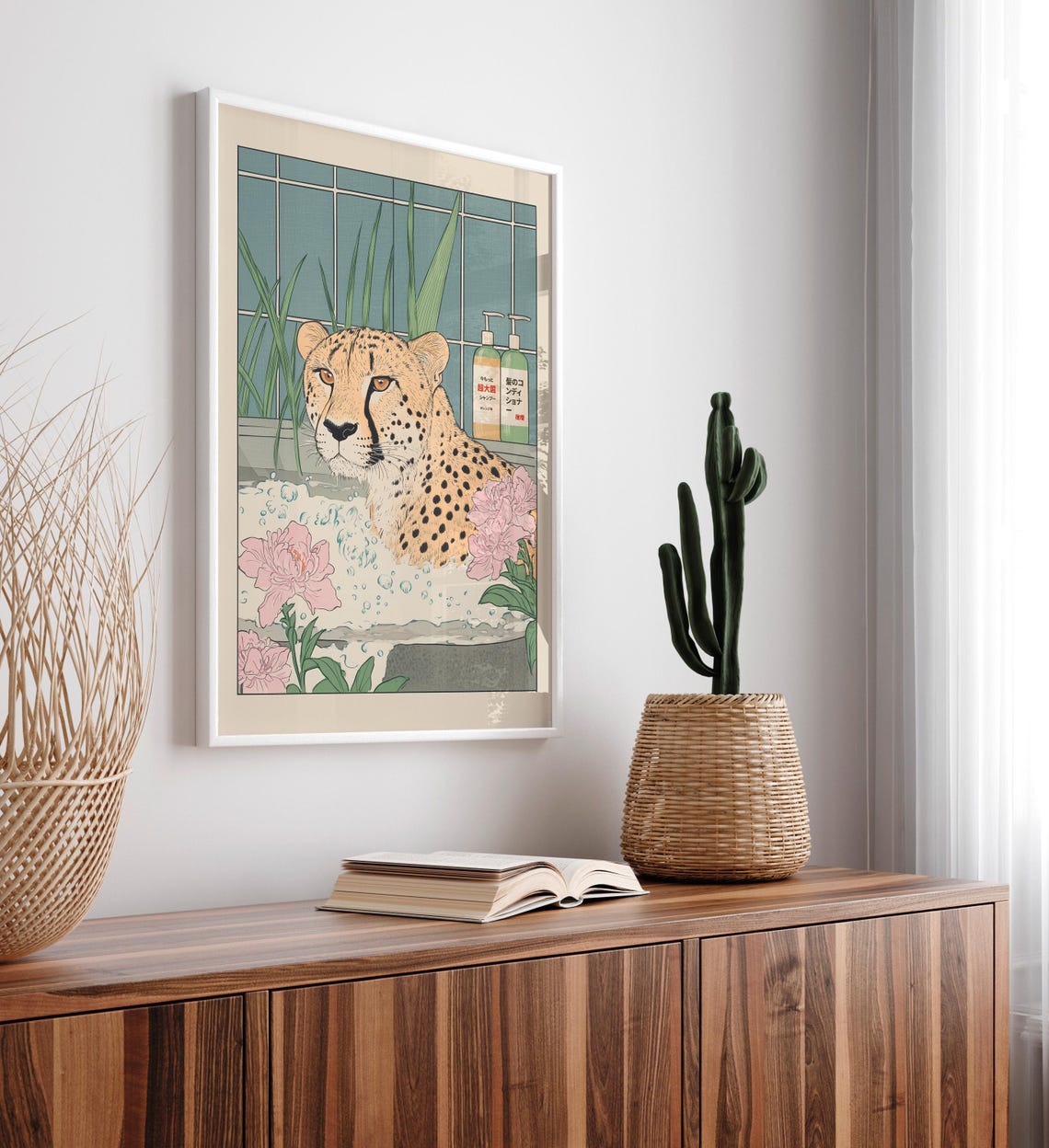 Japanese Style Cheetah Bathing in Bubble Bath with Peonies Art Poster - Image 4