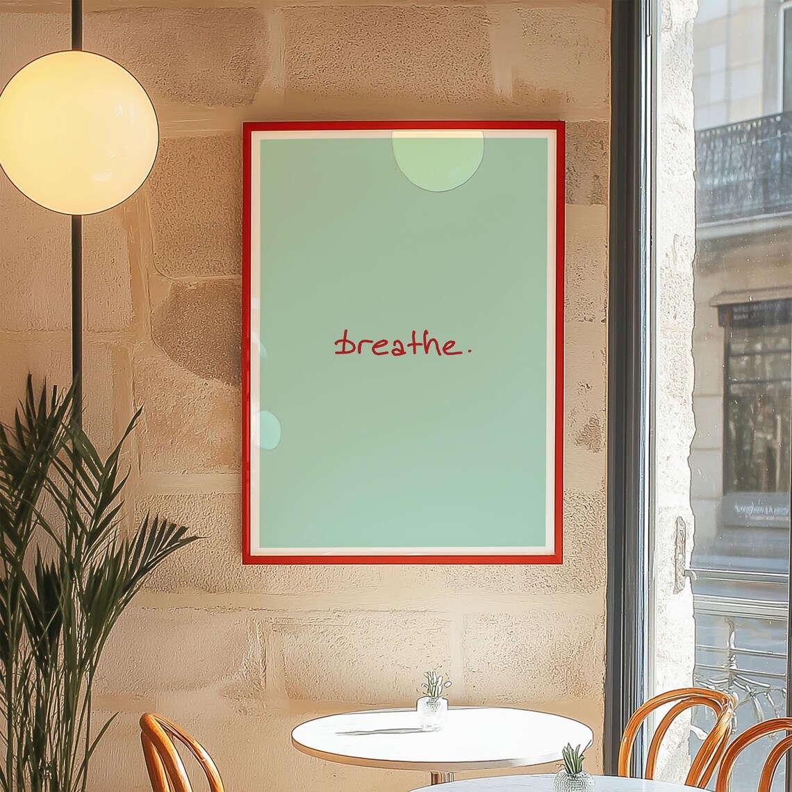 Breathe Minimalist Red Handwriting on Mint Simple Quote Art Poster - Image 2