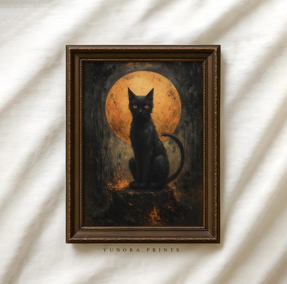 Black Cat Halloween Art Print Full Moon Witchy Illustration Gothic Spooky Wall Decor