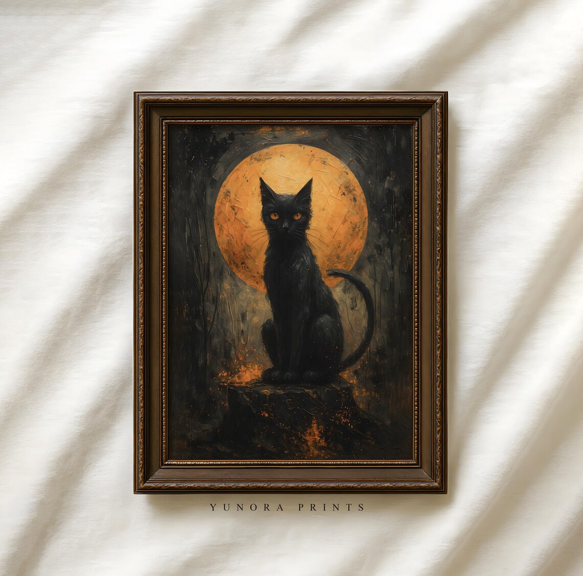Black Cat Halloween Art Print Full Moon Witchy Illustration Gothic Spooky Wall Decor