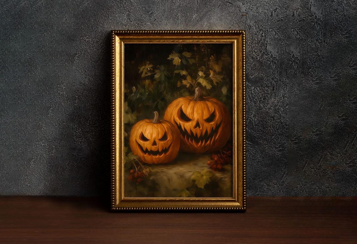 Two Grinning Jack O Lanterns Dark Oil Painting Halloween Poster