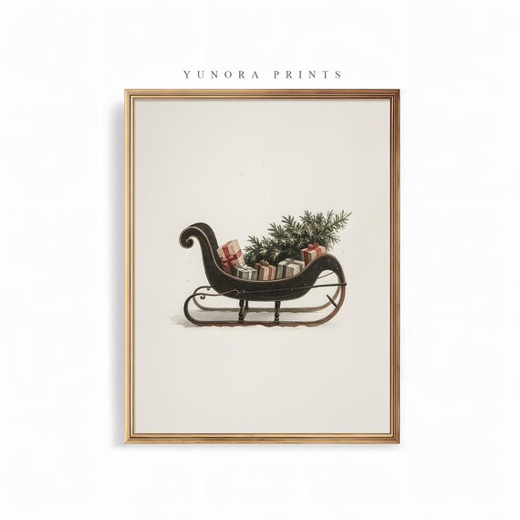 Vintage Christmas Sleigh with Gifts Minimalist Holiday Poster