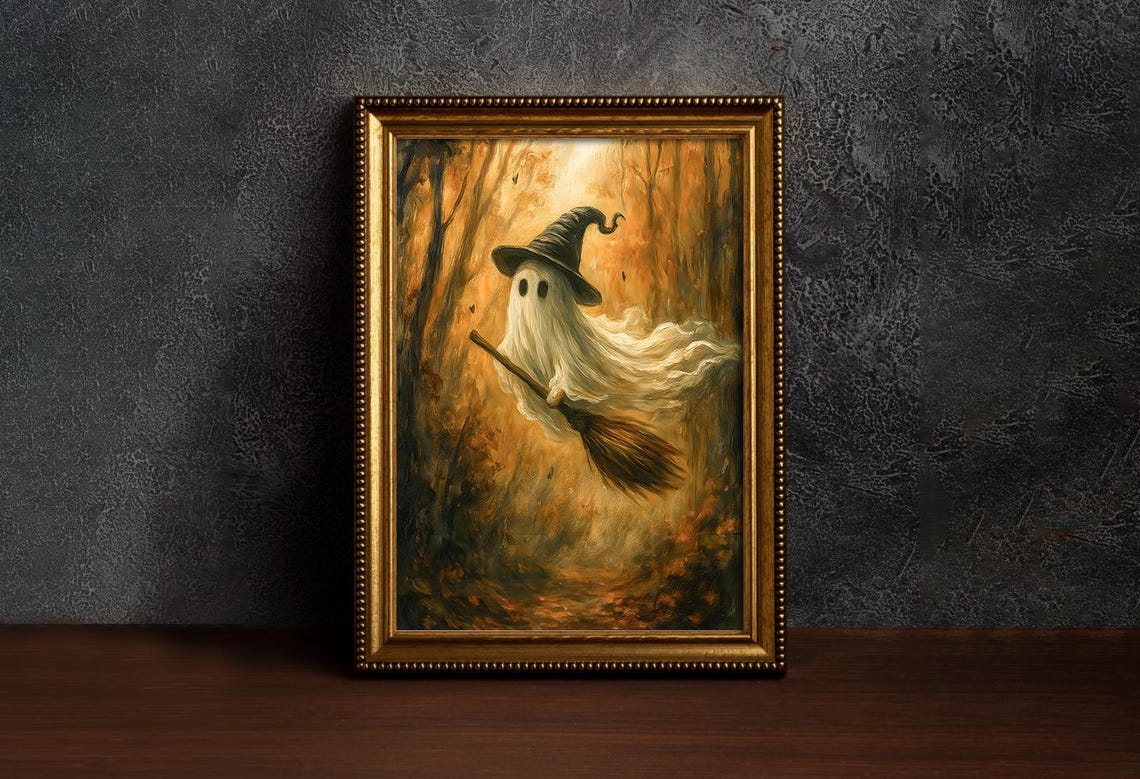 Cute Little Ghost In Witch Hat Flying Broom Autumn Forest Poster