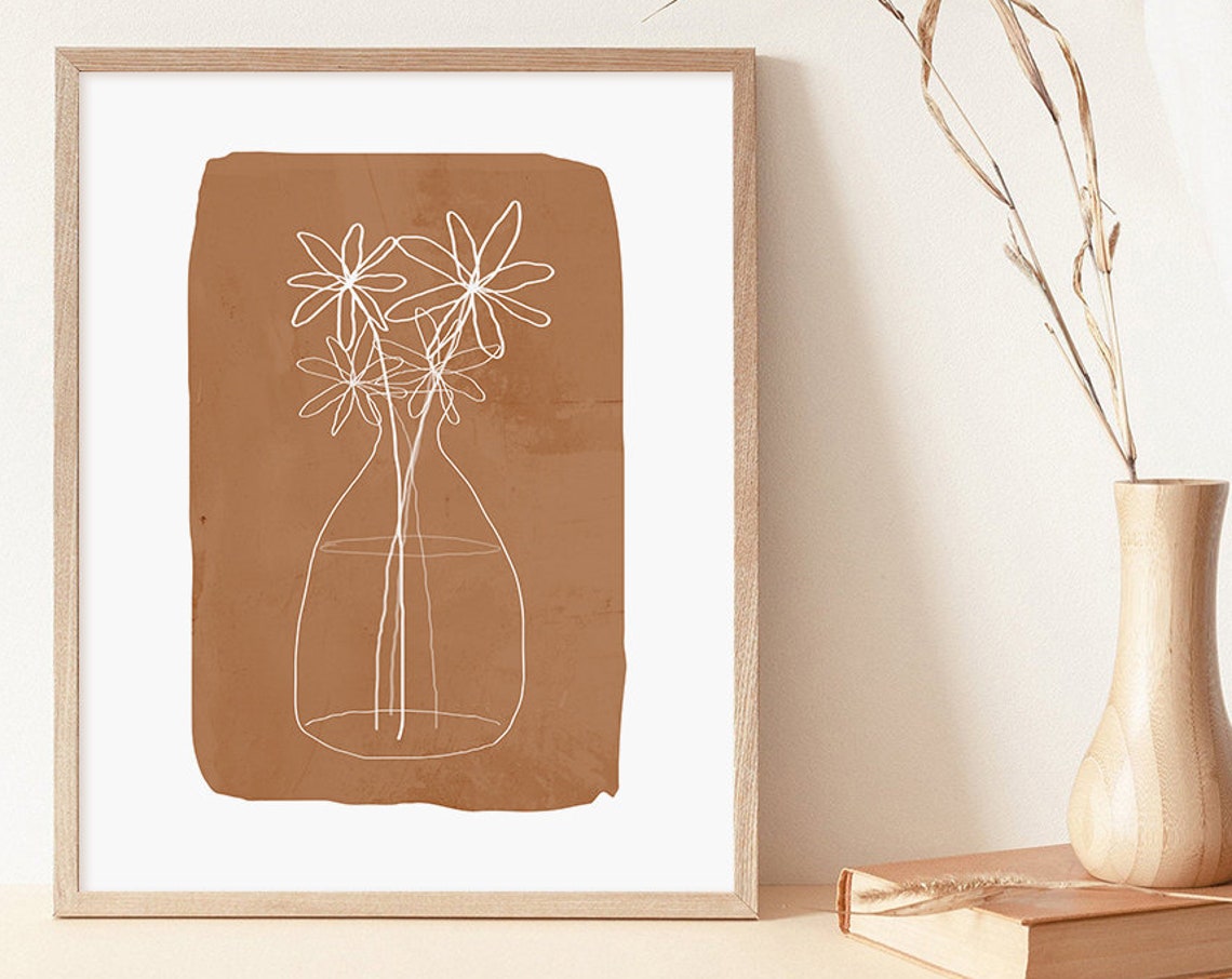 White Line Flowers Vase on Terracotta Minimalist Botanical Poster - Image 4