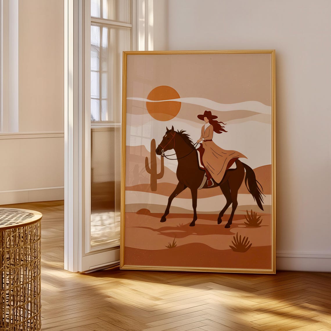 Cowgirl Riding Horse Desert Sunset Boho Western Ranch Art Poster