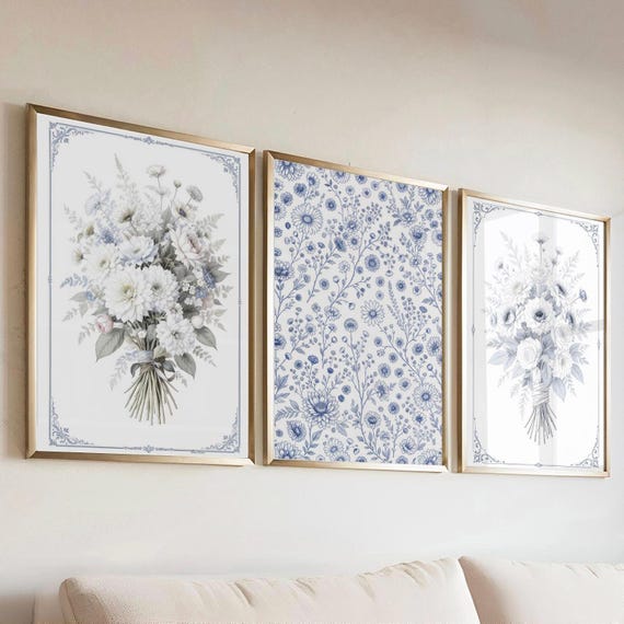 Blue Botanical Wall Art Set Chinoiserie Prints Minimalist 3piece