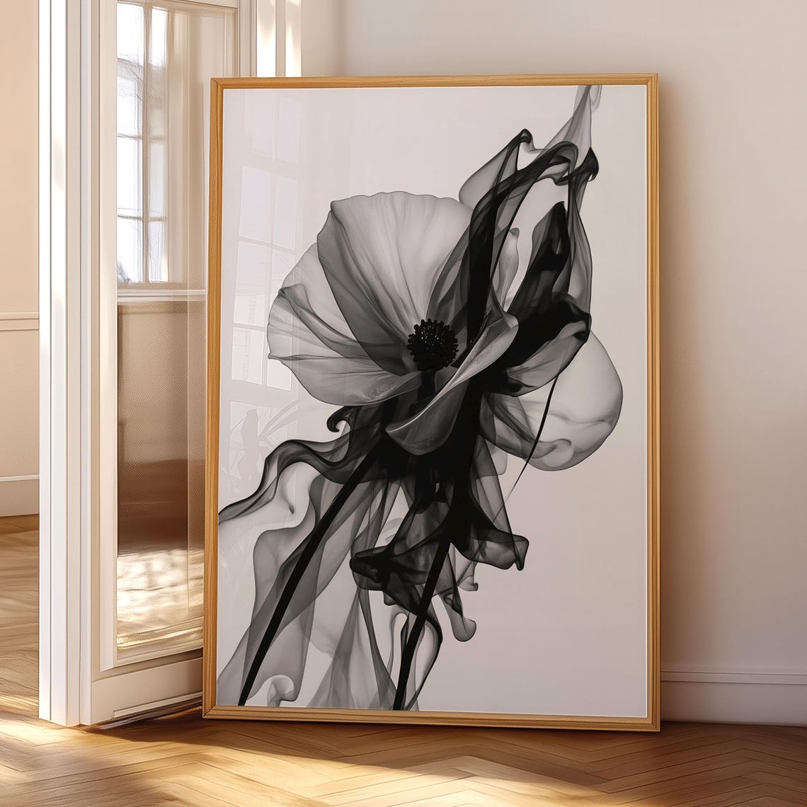 Ethereal Monochrome Floral Smoke Abstract Botanical Art Print