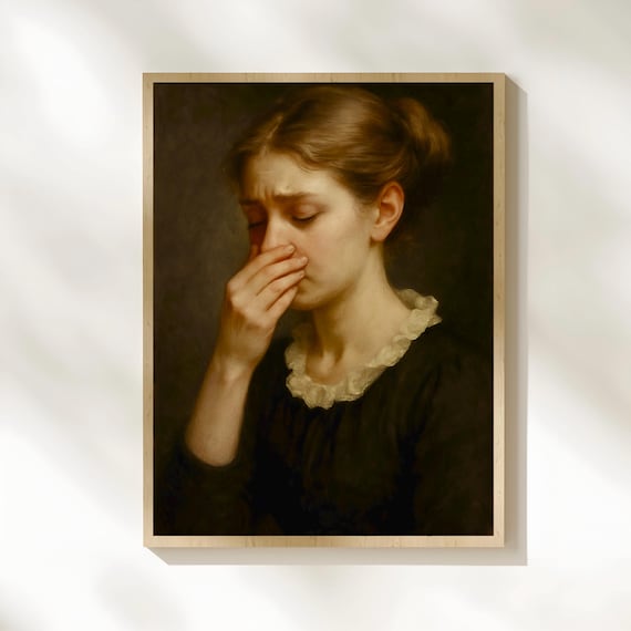 Woman Covering Mouth Vintage Oil Portrait Funny Bathroom Art Print
