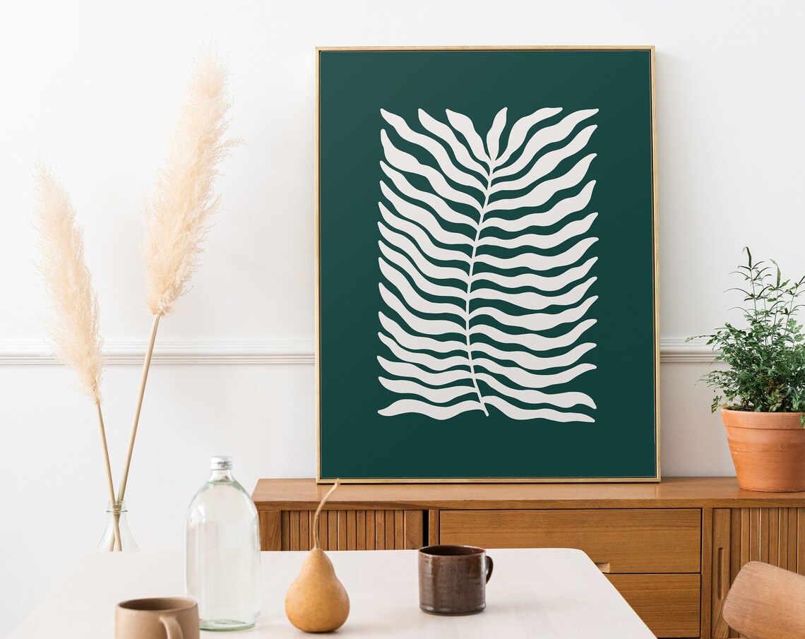 White Fern Leaf Botanical Design Dark Teal Green Modern Decor Poster