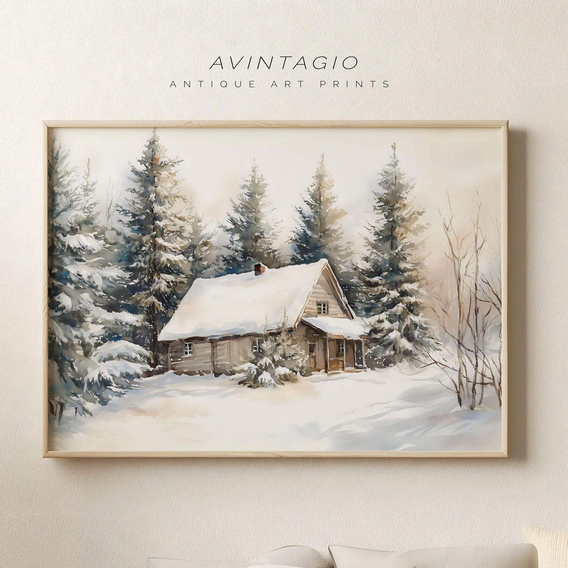 Snow Covered Cabin in Pine Forest Winter Christmas Art Poster