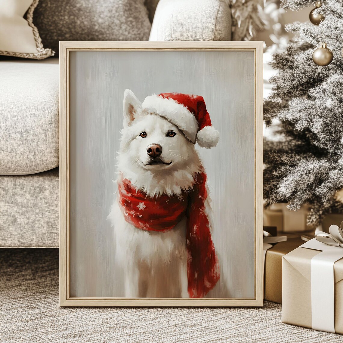 White Dog in Santa Hat and Red Scarf Christmas Pet Portrait Poster
