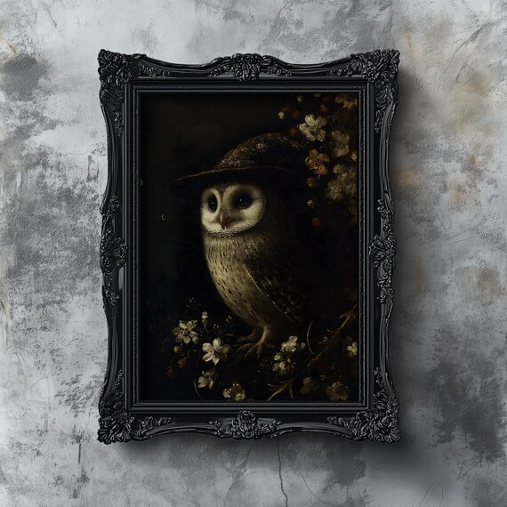 Witchy Barn Owl in Dark Flowers Vintage Gothic Painting Poster