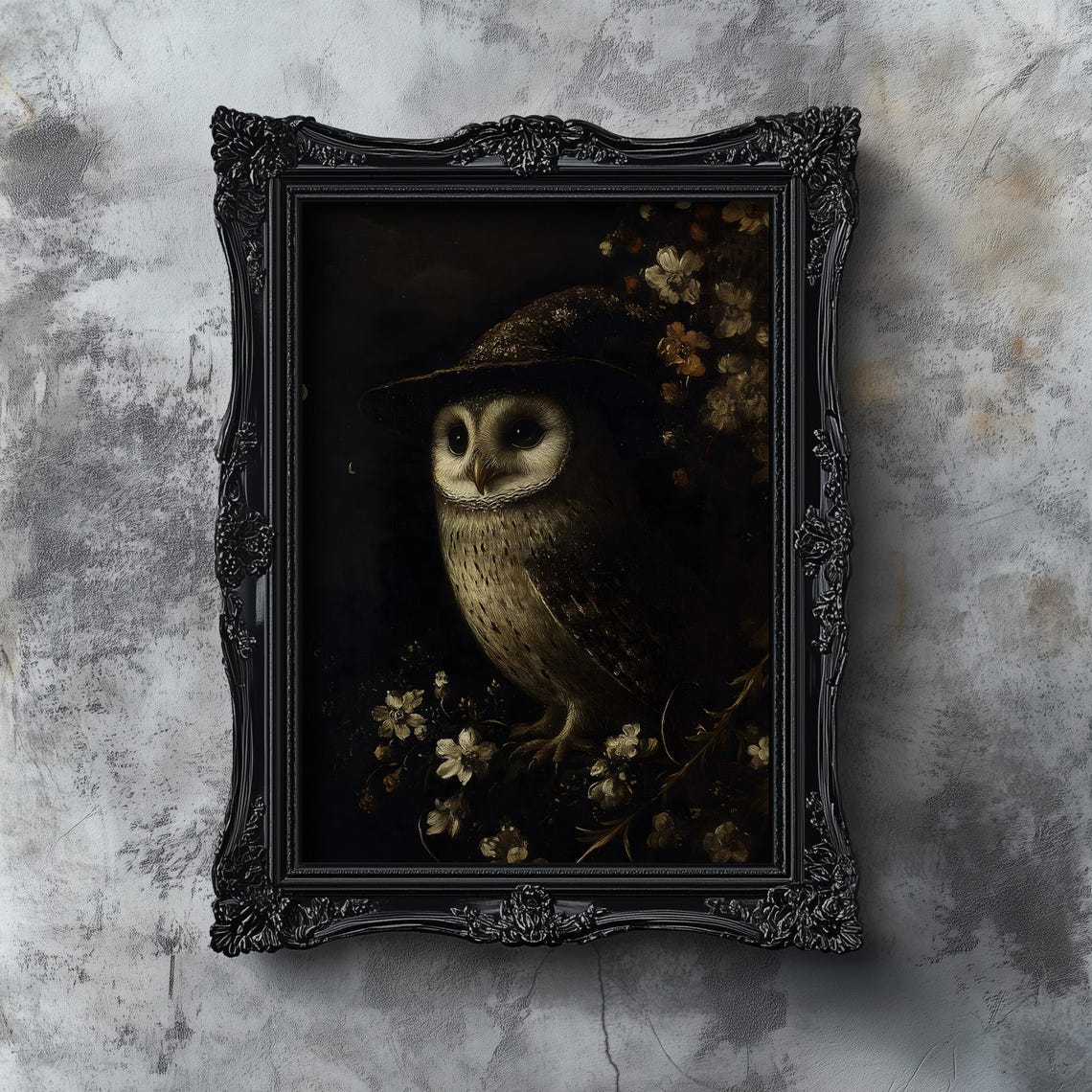 Witchy Barn Owl in Dark Flowers Vintage Gothic Painting Poster