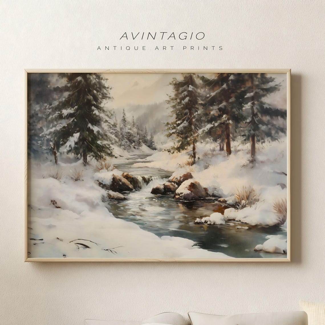 Vintage Winter Stream Through Snowy Forest Landscape Art Poster