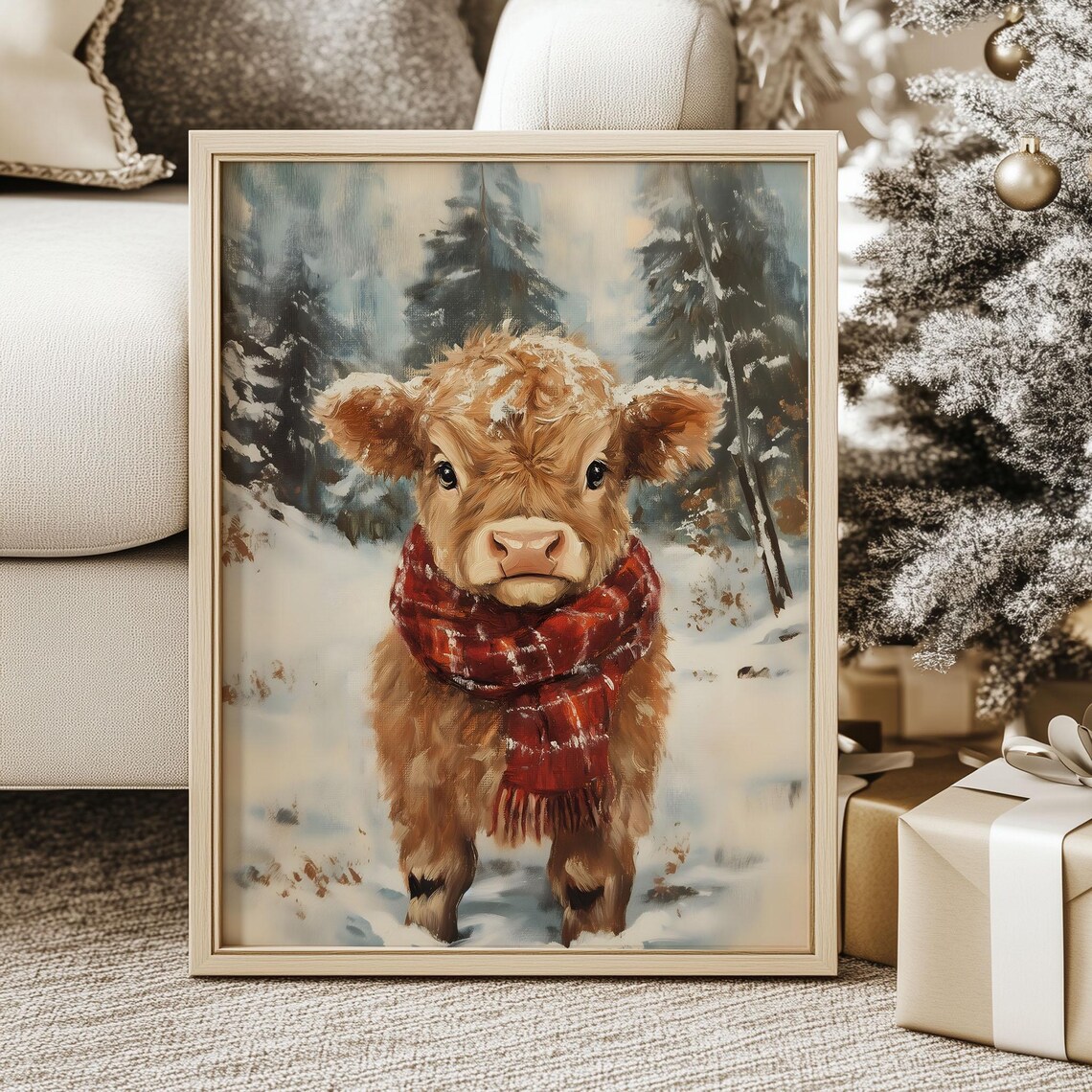 Cute Highland Cow Calf in Red Scarf Snowy Christmas Art Poster