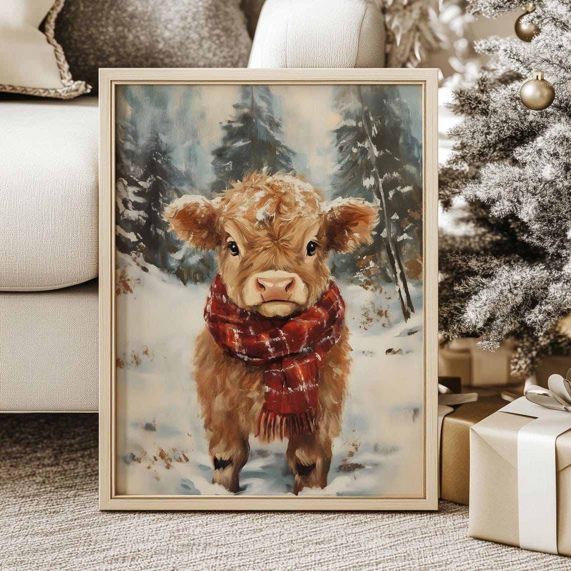 Cute Highland Cow Christmas Print Winter Wonderland Animal Artwork Muted Holiday Season Gallery Art Vintage Snowy Landscape Oil Painting