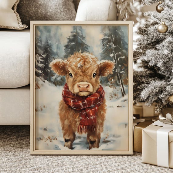 Cute Highland Cow Christmas Print Winter Wonderland Animal Artwork Muted Holiday Season Gallery Art Vintage Snowy Landscape Oil Painting