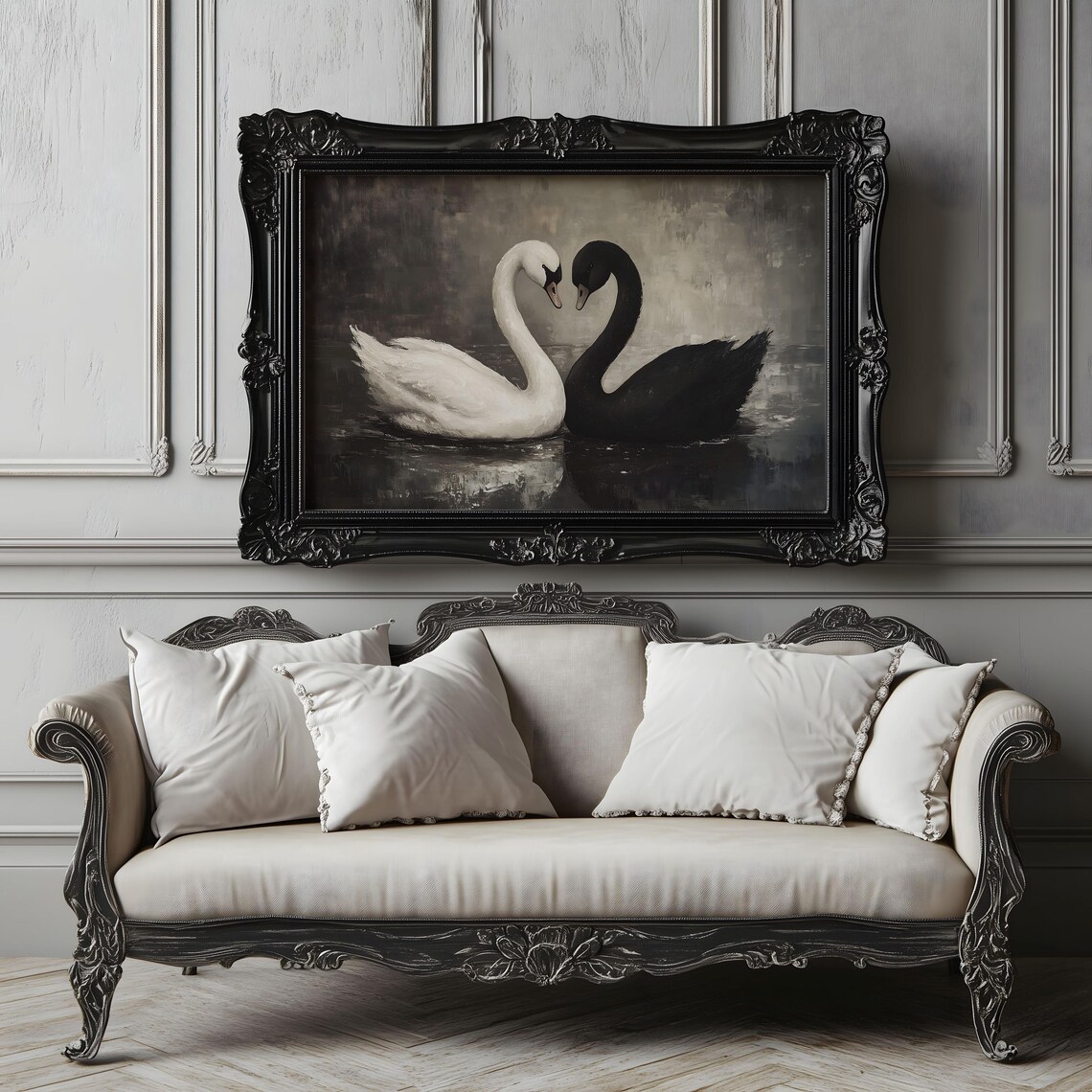 Black And White Swan Vintage Oil Painting Poster - Image 2