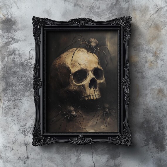 Vintage Skull with Spiders Dark Gothic Halloween Horror Art Poster