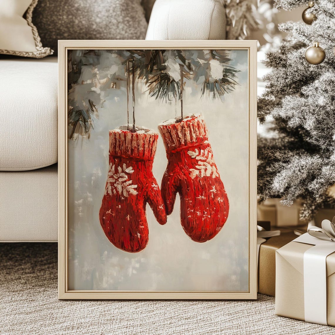 Red Knit Mittens Hanging from Pine Branch Vintage Christmas Poster