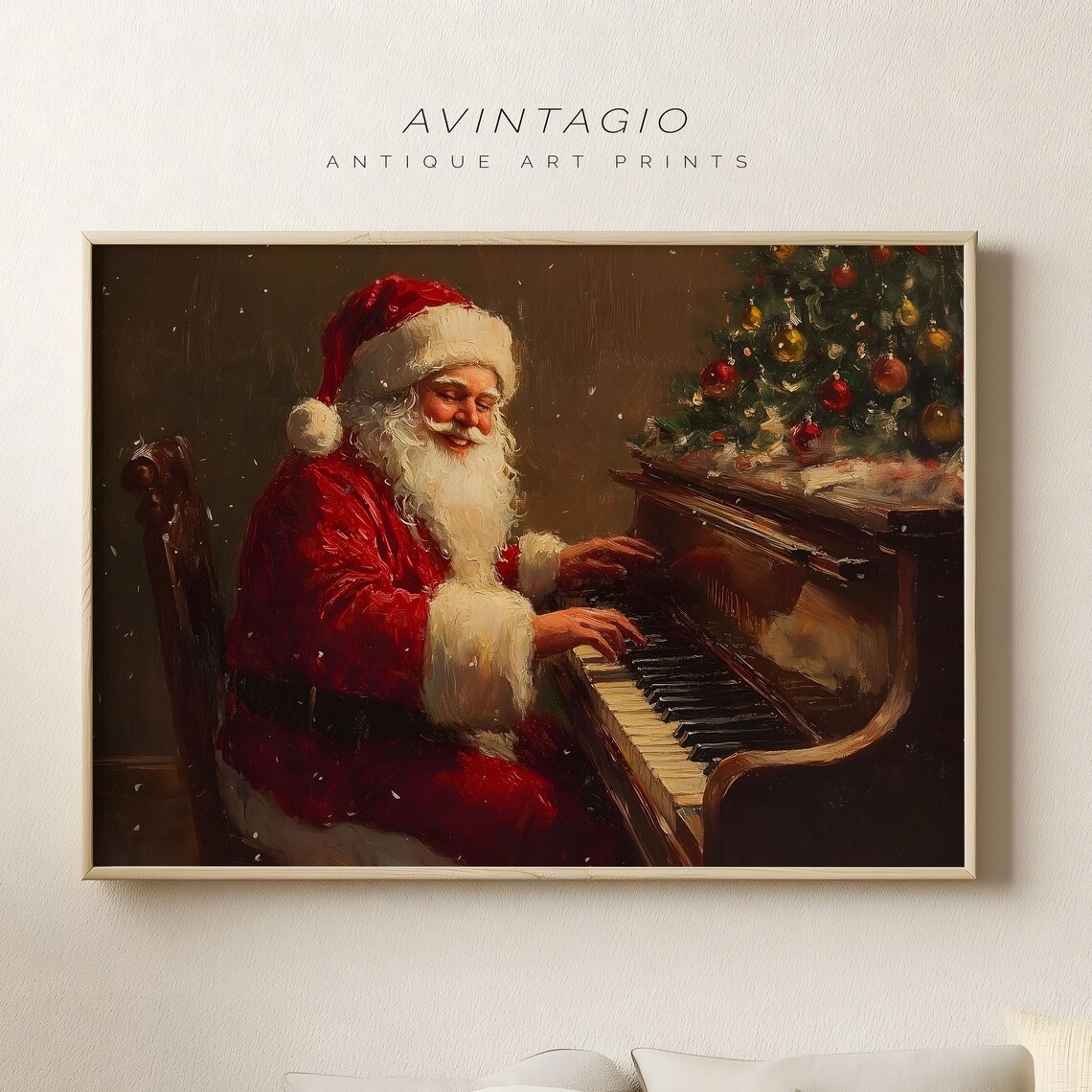 Vintage Santa Claus Playing Piano Beside Christmas Tree Art Poster