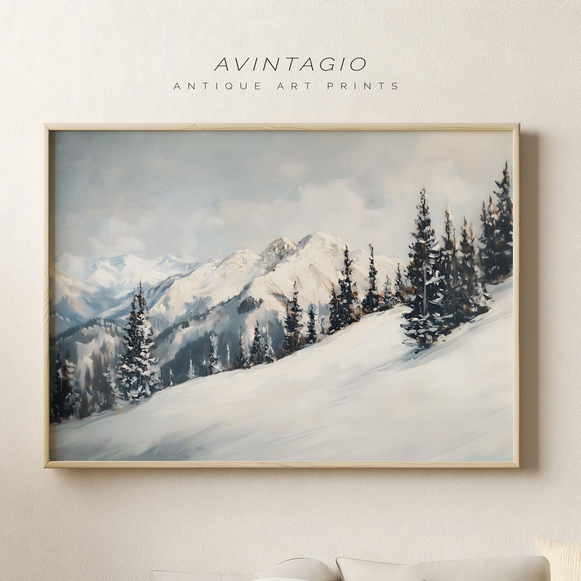 Snowy Mountain Landscape Poster White Winter Christmas Forest Print Muted Oil Painting Holiday Season Antique Art Snowy Scene Gallery