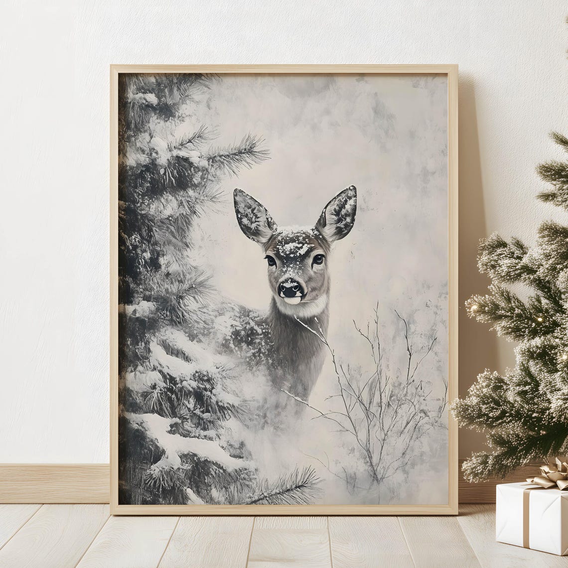 Vintage Noble Winter Deer Print Snowy Christmas Oil Painting Neutral Cozy Holiday Season Gallery Wall Art Antique Winter Landscape Decor - Image 2