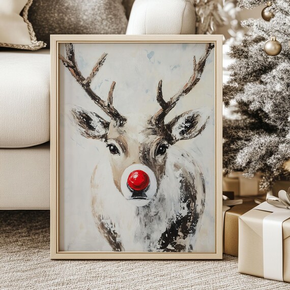 Red Nose Reindeer Print Antique Christmas Poster Muted Holiday Season Gallery Art Vintage White Winter Painting Moody Cottagecore Art