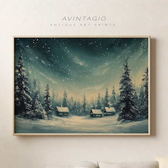 Magical Winter Northen Lights Print Christmas Eve Moody Aurora Borealis Artwork Snowy Holiday Season Home Decor Vintage Oil Painting Art