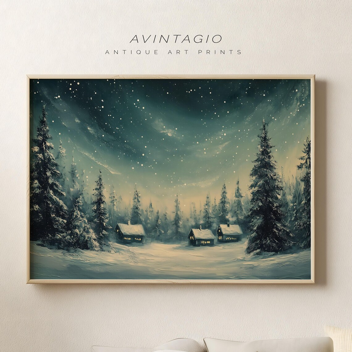 Christmas Snowy Village Under Starry Night Sky Winter Art Poster