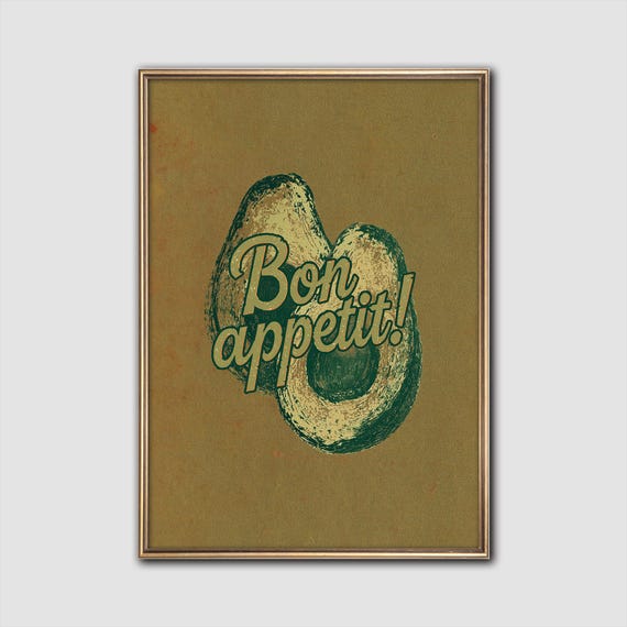 Bon Appetit Avocado Retro Food Illustration, Art Print