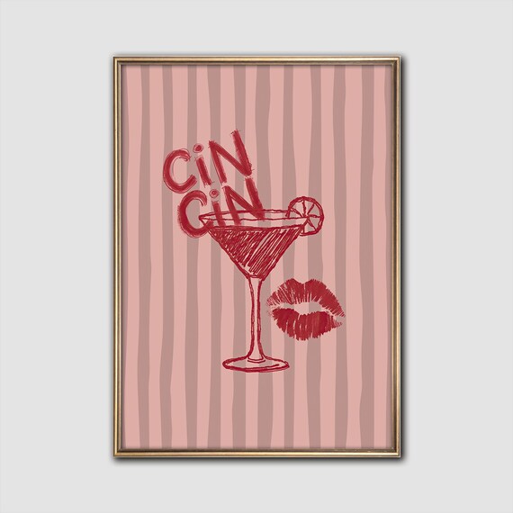 Cin Cin Cocktail Martini Kiss Retro Pink Bar Cart Art Poster
