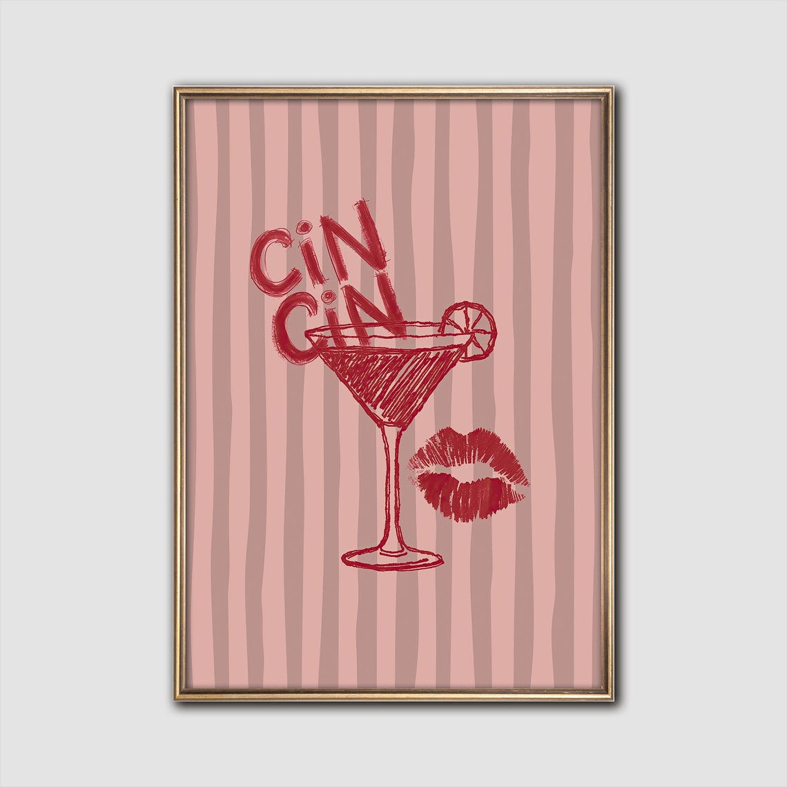 Cin Cin Cocktail Martini Kiss Retro Pink Bar Cart Art Poster