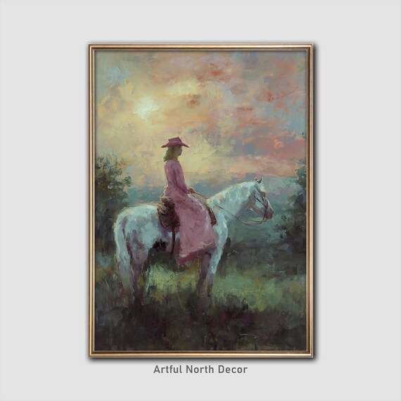 Coastal Cowgirl on White Horse Sunset Western Painting Poster