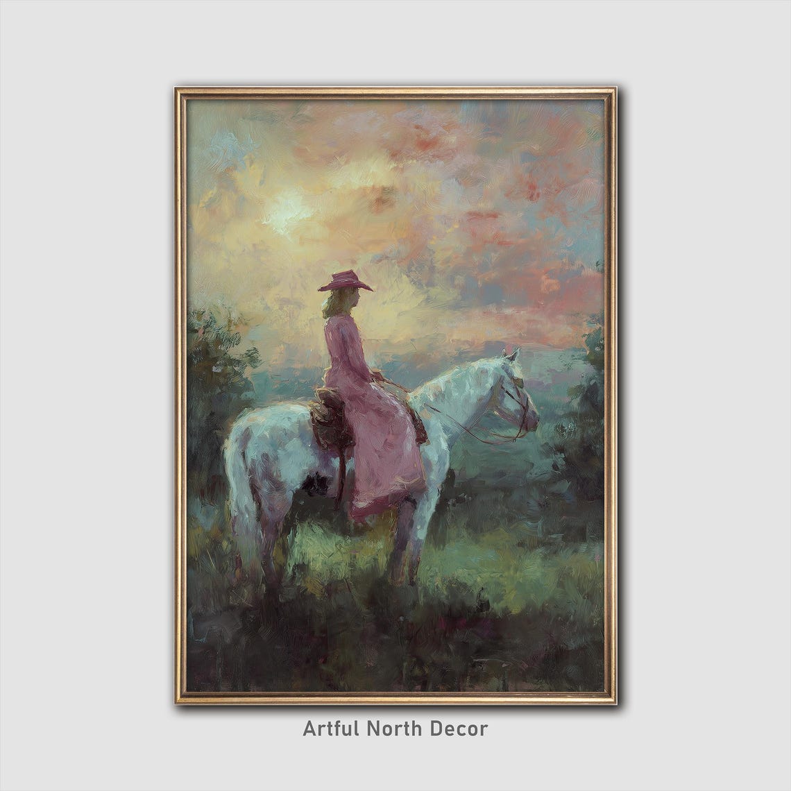 Coastal Cowgirl on White Horse Sunset Western Painting Poster