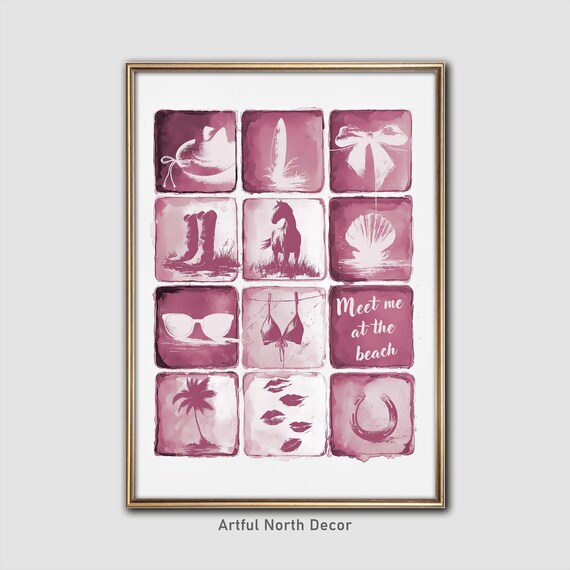 Pink Coastal Cowgirl Beach Western Grid Aesthetic Wall Art Decor