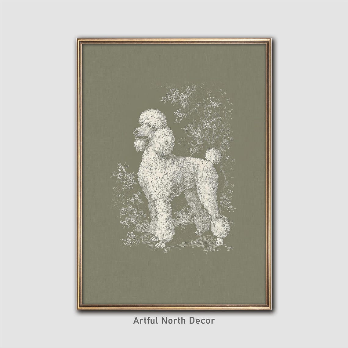 Vintage White Line Poodle Engraving On Sage Green Background Poster