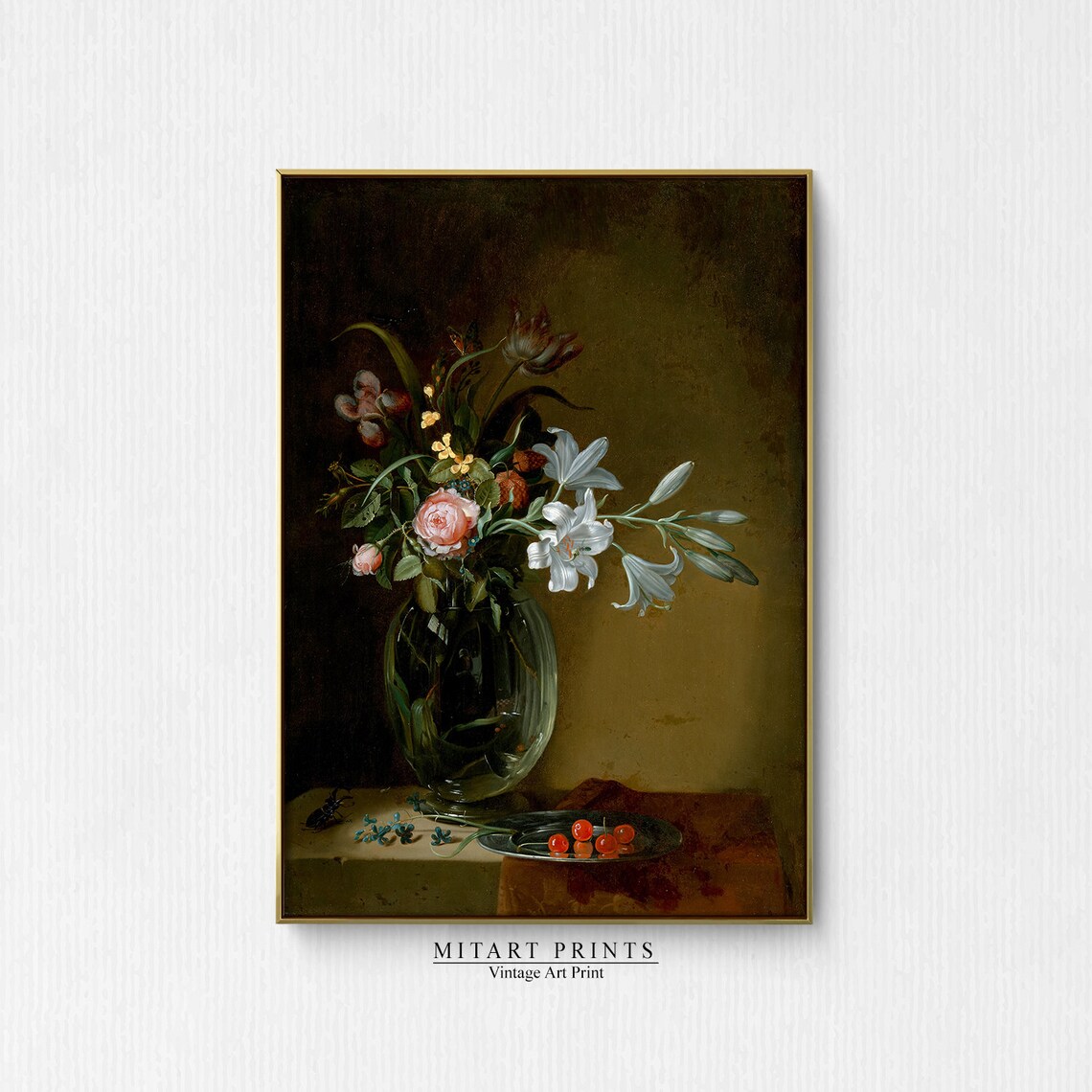 Dark Vintage Floral Still Life Roses Lilies in Glass Vase Poster