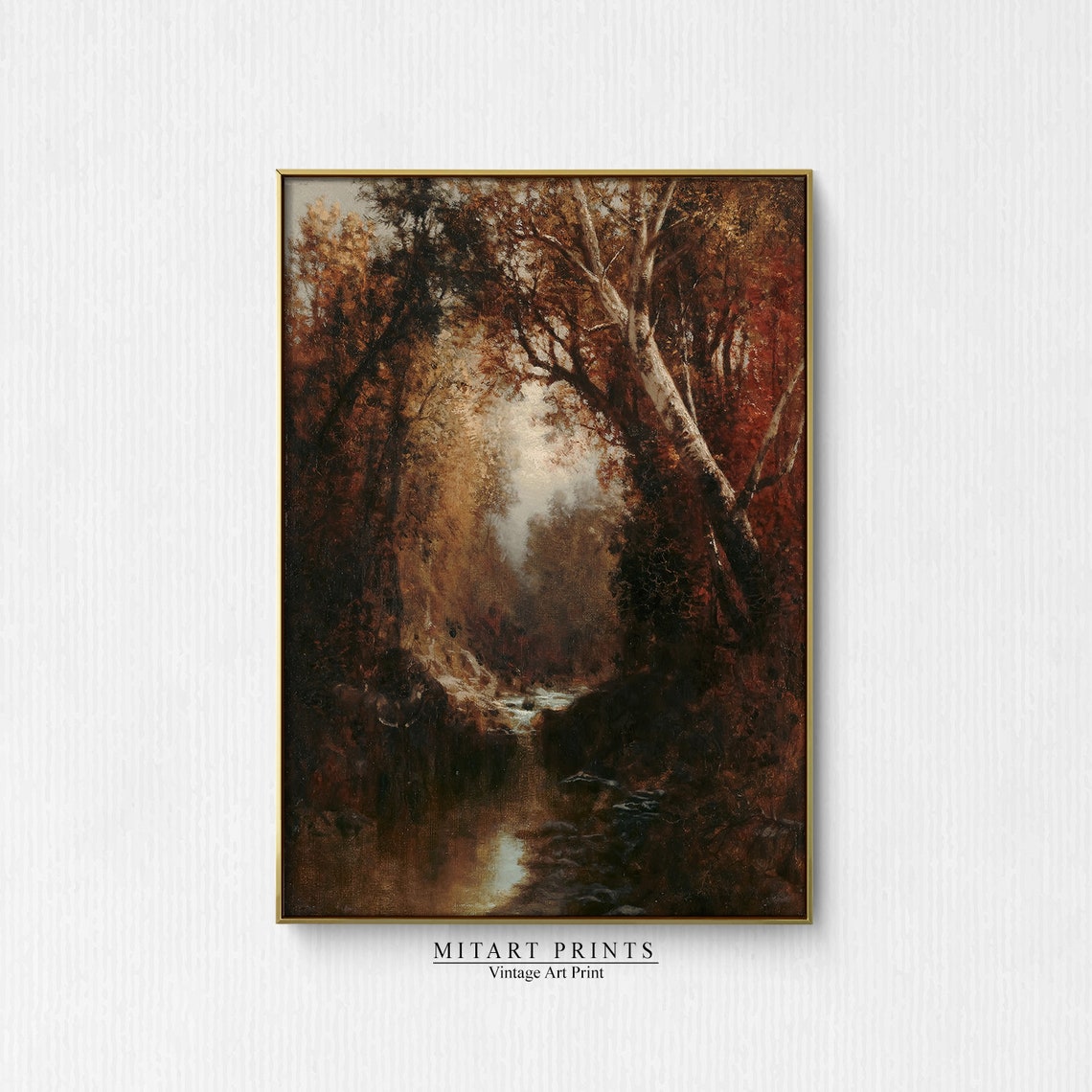 Vintage Autumn Forest Stream Dark Russet Trees Oil Painting Poster