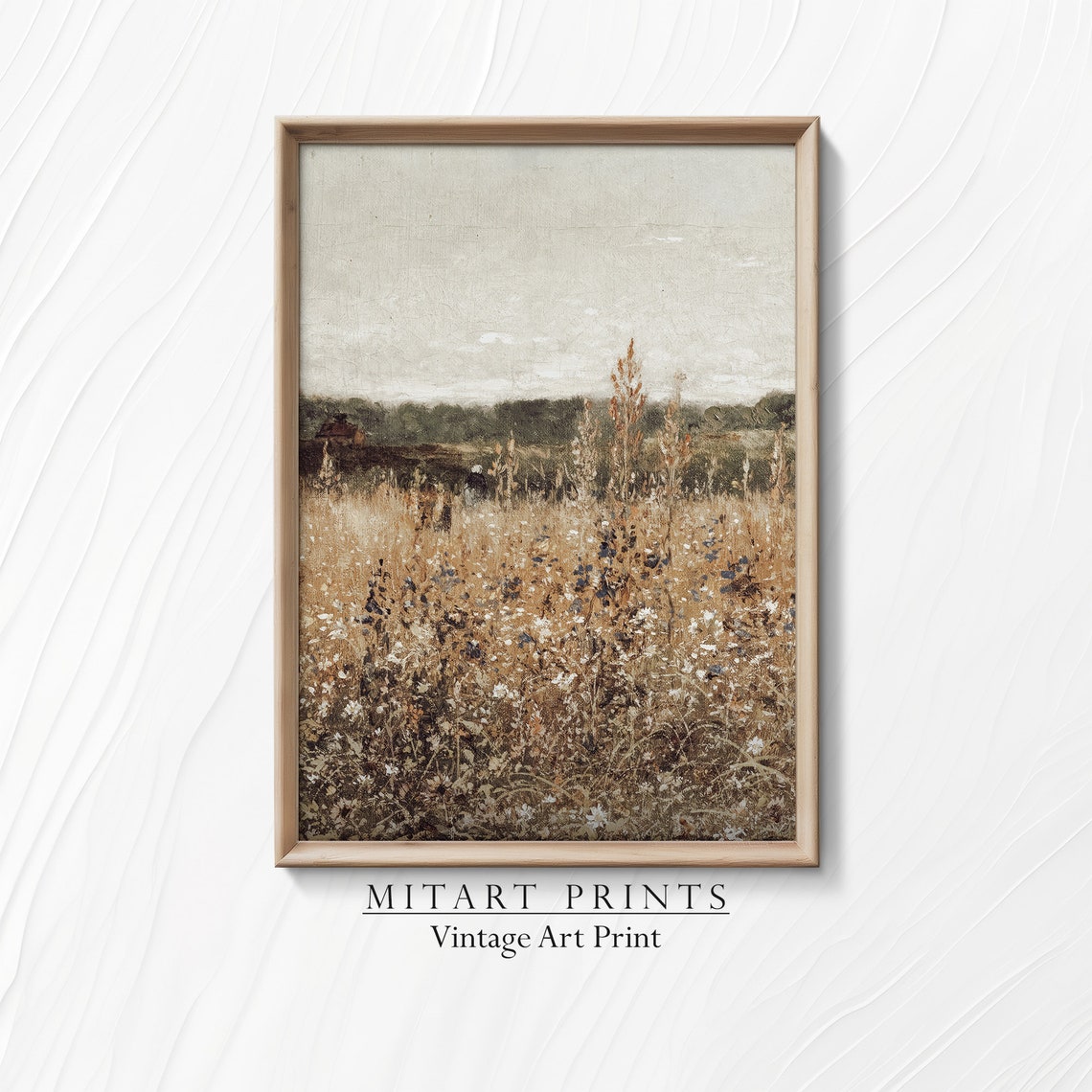 Vintage Golden Wildflower Field with Distant Figure Landscape Poster