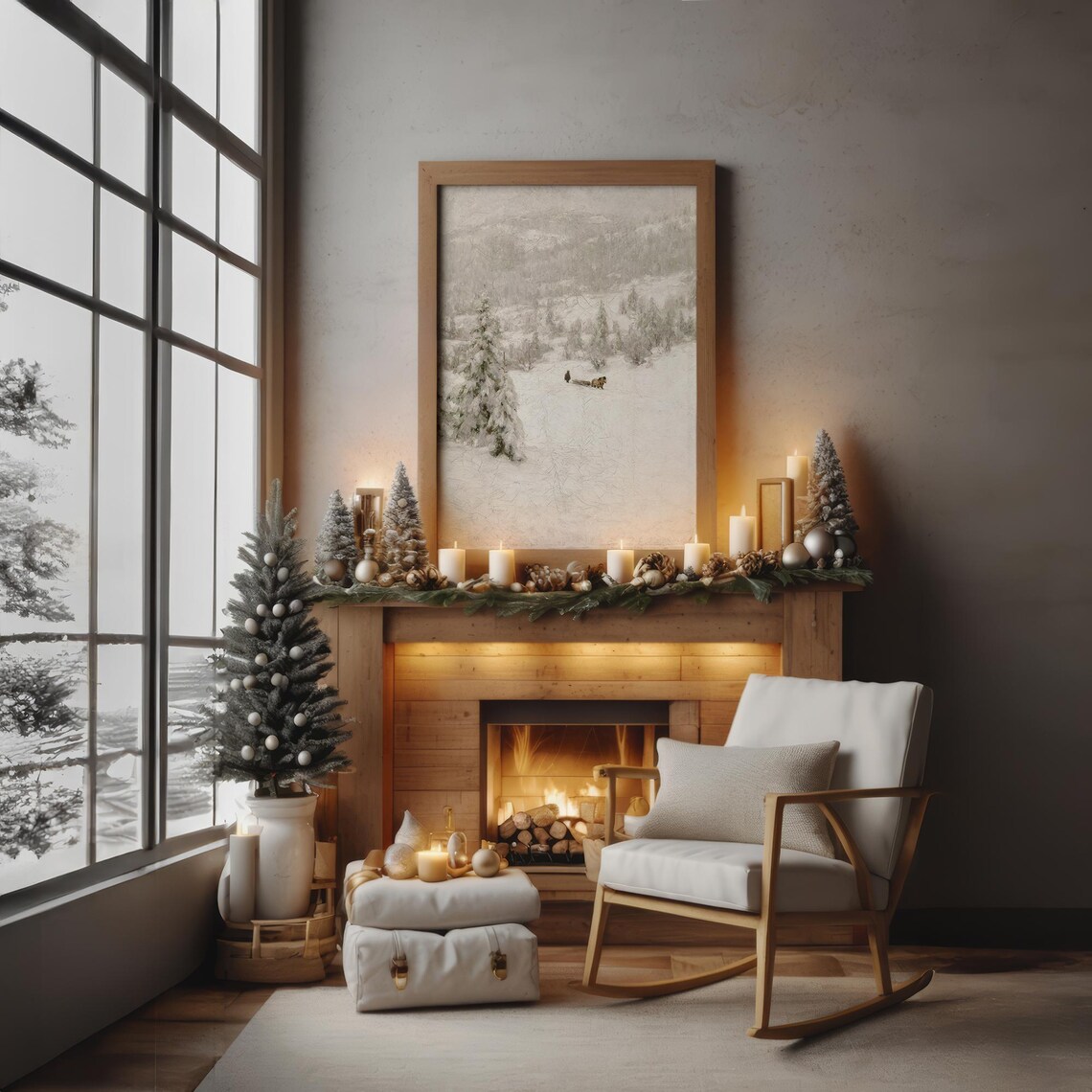 Vintage Neutral Winter Landscape Snowy Hillside Horse Drawn Sled Poster - Image 5