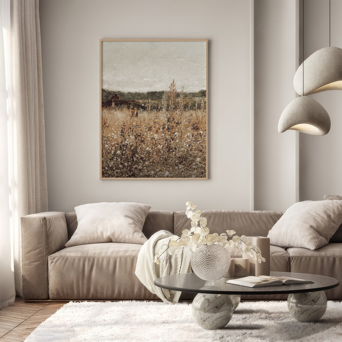 Vintage Golden Wildflower Field with Distant Figure Landscape Poster - Image 4