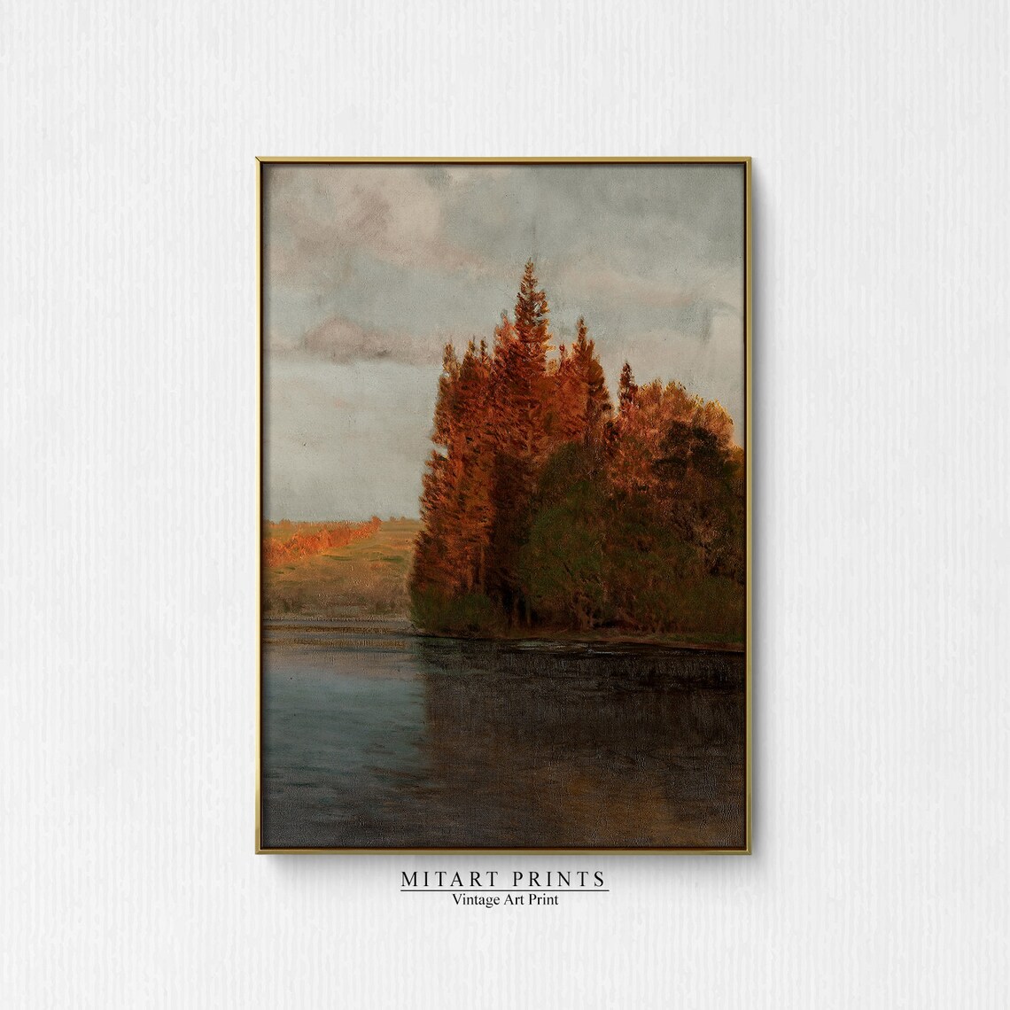 Vintage Autumn Lake Landscape Painting, Rustic Art Print