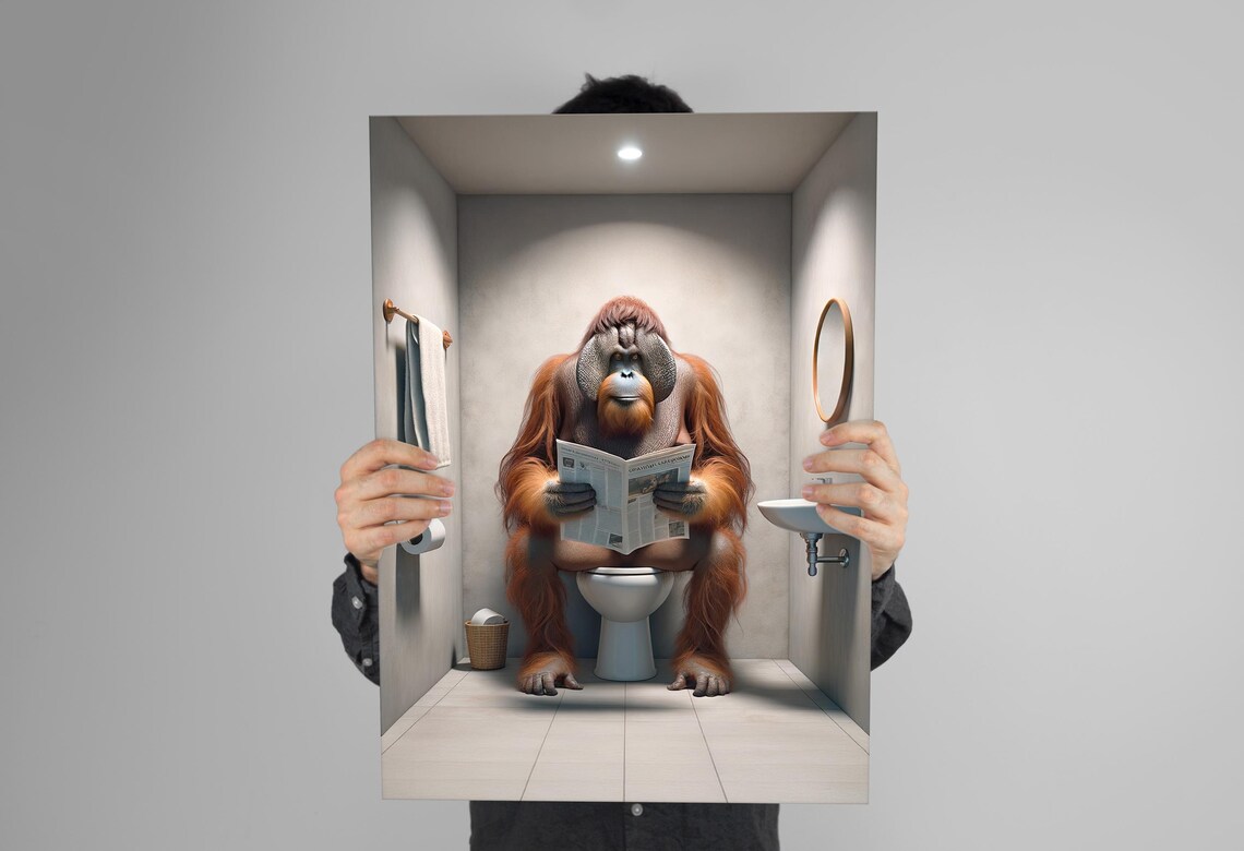 Orangutan Reading the Newspaper, Funny Bathroom Poster - Image 3