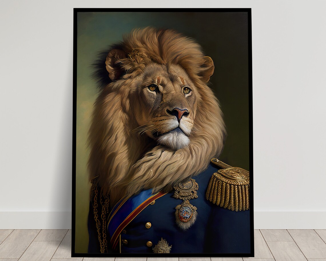 Portrait Of A Lion In Military Uniform, Animal Art Print
