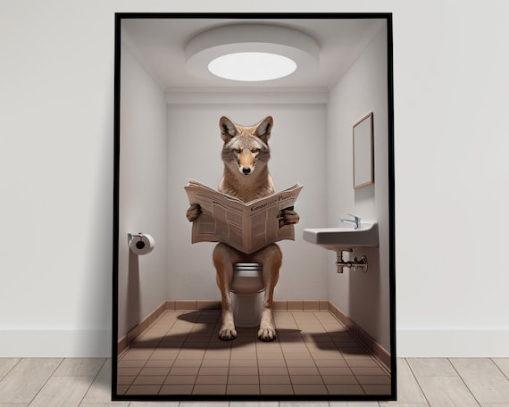 Coyote Reading the Newspaper on the Toilet Funny Bathroom Poster